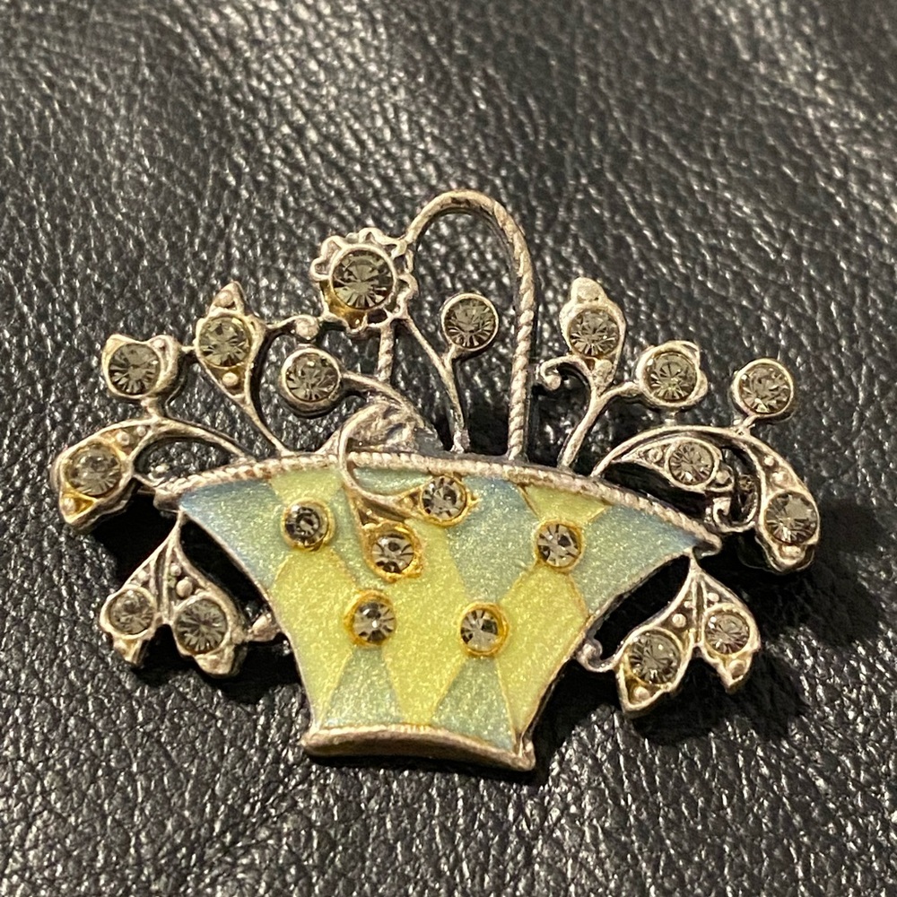 Vintage Elegant Silver and Yellow Floral bouquet planter Brooch signed France